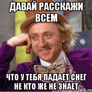 давай расскажи всем что у тебя падает снег не кто же не знает, Мем Ну давай расскажи (Вилли Вонка)