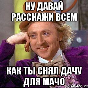 Ну давай расскажи всем Как ты снял дачу для мачо, Мем Ну давай расскажи (Вилли Вонка)