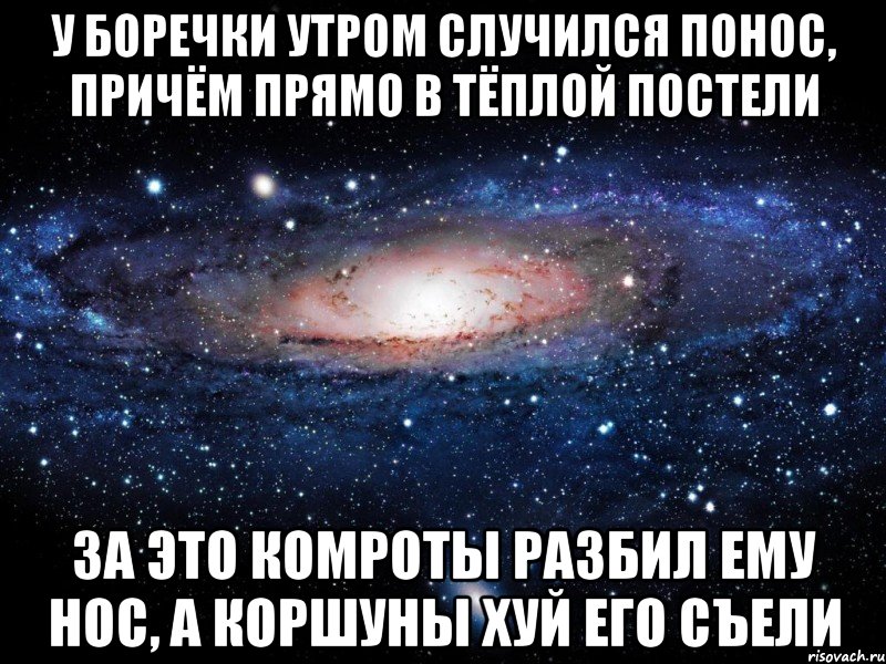 У Боречки утром случился понос, причём прямо в тёплой постели За это комроты разбил ему нос, а коршуны хуй его съели, Мем Вселенная