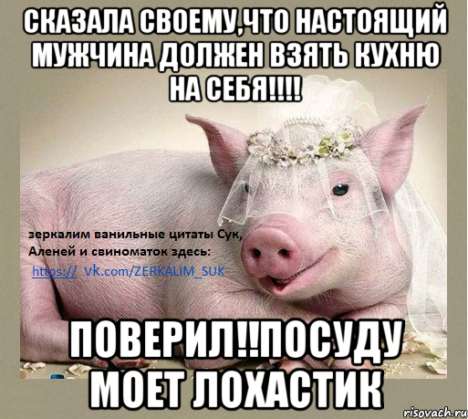 сказала своему,что настоящий мужчина должен взять кухню на себя!!!! поверил!!посуду моет лохастик