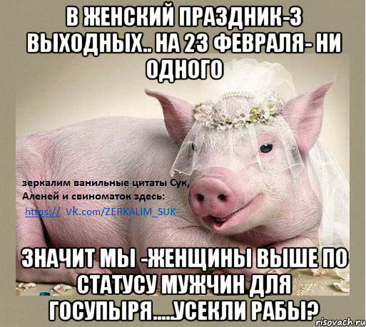 В женский праздник-3 выходных.. На 23 февраля- ни одного Значит мы -женщины выше по статусу мужчин для госупыря.....Усекли рабы?