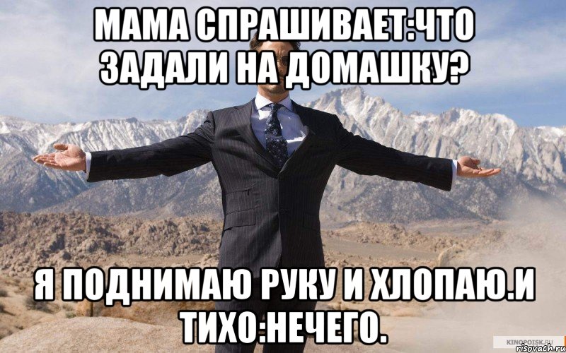 Мама спрашивает:Что задали на домашку? Я поднимаю руку и хлопаю.И тихо:Нечего., Мем железный человек