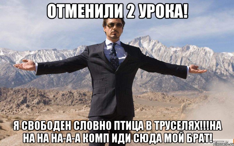 Отменили 2 урока! я свободен словно птица в труселях!!!На на на на-а-а комп иди сюда мой брат!, Мем железный человек