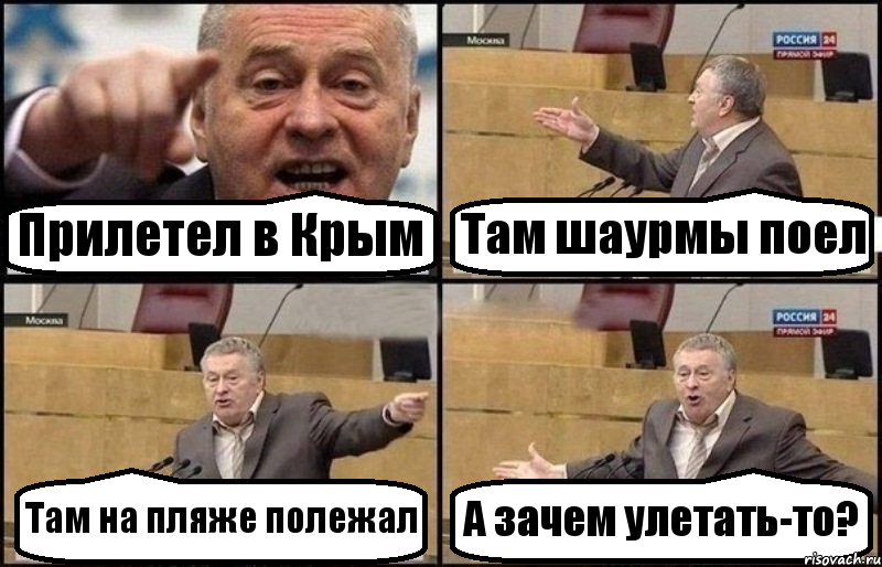 Прилетел в Крым Там шаурмы поел Там на пляже полежал А зачем улетать-то?, Комикс Жириновский