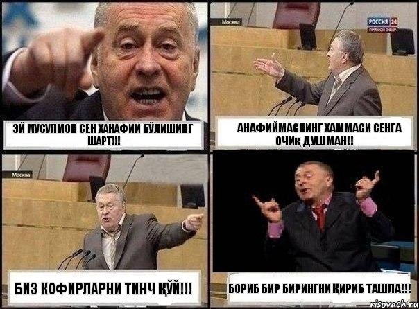Эй мусулмон сен ханафий бўлишинг шарт!!! Ҳанафиймаснинг хаммаси сенга очиқ душман!! биз кофирларни тинч Қўй!!! Бориб бир бирингни Қириб ташла!!!, Комикс Жириновский клоуничает