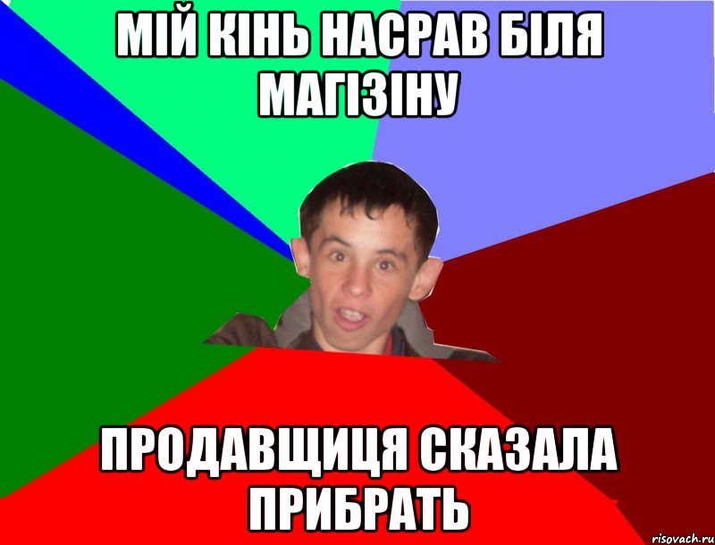 Мій кінь насрав біля магізіну продавщиця сказала прибрать