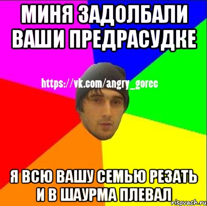 миня задолбали ваши предрасудке я всю вашу семью резать и в шаурма плевал, Мем ЗЛОЙ ГОРЕЦ