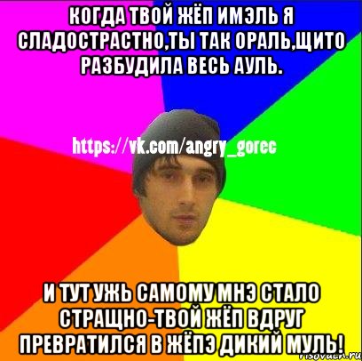 Когда твой жёп имэль я сладострастно,ты так ораль,Щито разбудила весь ауль. И тут ужь самому мнэ стало стращно-твой жёп вдруг превратился в жёпэ дикий муль!, Мем ЗЛОЙ ГОРЕЦ