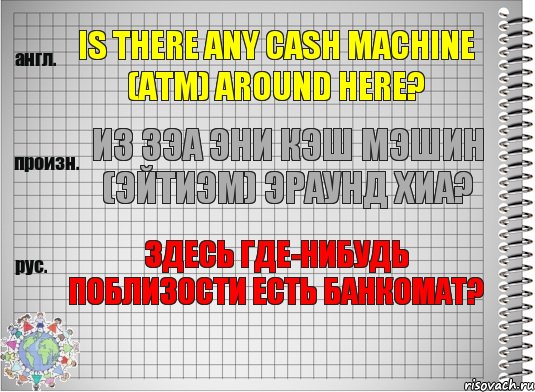 Is there any cash machine (ATM) around here? из зэа эни кэш мэшин (эйтиэм) эраунд хиа? Здесь где-нибудь поблизости есть банкомат?, Комикс  Перевод с английского