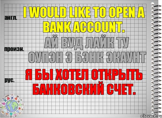 I would like to open a bank account. ай вуд лайк ту оупэн э бэнк экаунт Я бы хотел открыть банковский счет., Комикс  Перевод с английского