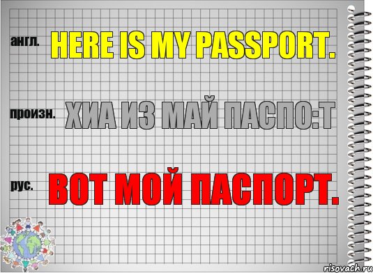 Here is my passport. хиа из май паспо:т Вот мой паспорт., Комикс  Перевод с английского