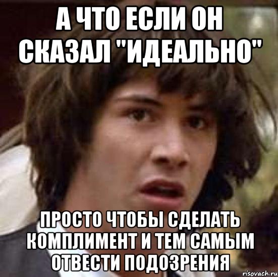 а что если он сказал "идеально" просто чтобы сделать комплимент и тем самым отвести подозрения, Мем А что если (Киану Ривз)