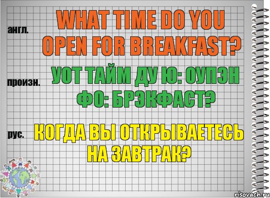 What time do you open for breakfast? уот тайм ду ю: оупэн фо: брэкфаст? Когда вы открываетесь на завтрак?, Комикс  Перевод с английского