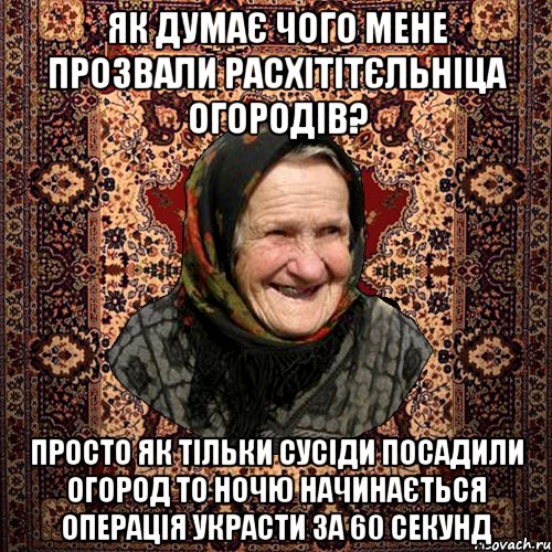 Як думає чого мене прозвали расхітітєльніца огородів? просто як тільки сусіди посадили огород то ночю начинається операція украсти за 60 секунд, Мем баба нюра
