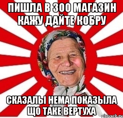 пишла в зоо магазин кажу дайте кобру сказалы нема показыла що таке вертуха, Мем  бабуля