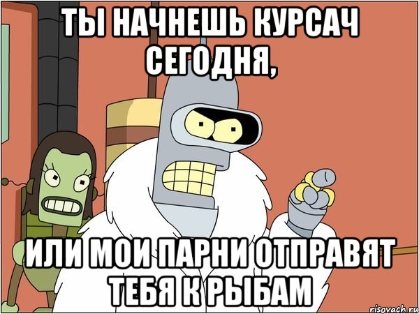 ты начнешь курсач сегодня, или мои парни отправят тебя к рыбам, Мем Бендер