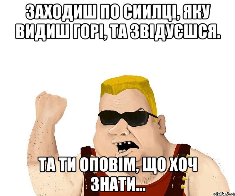 Заходиш по сиилці, яку видиш горі, та звідуєшся. Та ти оповім, що хоч знати..., Мем Боевой мужик блеать