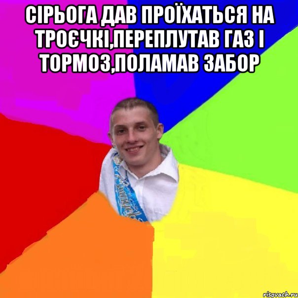 сірьога дав проїхаться на троєчкі,переплутав газ і тормоз,поламав забор 