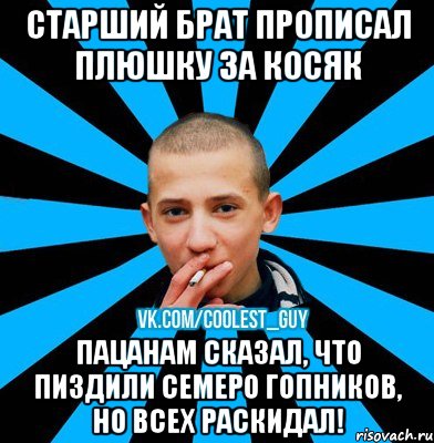 СТАРШИЙ БРАТ ПРОПИСАЛ ПЛЮШКУ ЗА КОСЯК ПАЦАНАМ СКАЗАЛ, ЧТО ПИЗДИЛИ СЕМЕРО ГОПНИКОВ, НО ВСЕХ РАСКИДАЛ!