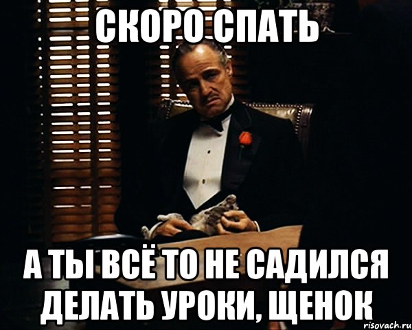 СКОРО СПАТЬ А ТЫ ВСЁ ТО НЕ САДИЛСЯ ДЕЛАТЬ УРОКИ, ЩЕНОК, Мем Дон Вито Корлеоне