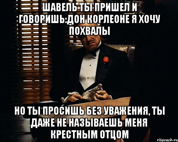 Шавель ты пришел и говоришь:Дон Корлеоне я хочу похвалы Но ты просишь без уважения, ты даже не называешь меня крестным отцом, Мем Дон Вито Корлеоне