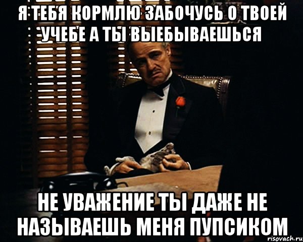 Я ТЕБЯ КОРМЛЮ ЗАБОЧУСЬ О ТВОЕЙ УЧЕБЕ А ТЫ ВЫЕБЫВАЕШЬСЯ НЕ УВАЖЕНИЕ ТЫ ДАЖЕ НЕ НАЗЫВАЕШЬ МЕНЯ ПУПСИКОМ, Мем Дон Вито Корлеоне