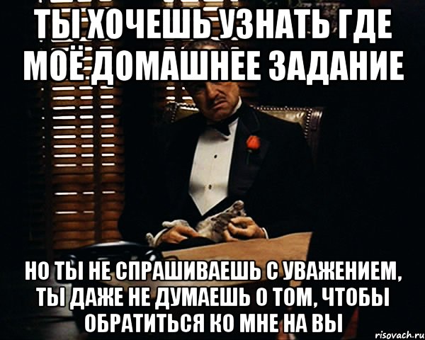 Ты хочешь узнать где моё домашнее задание Но ты не спрашиваешь с уважением, ты даже не думаешь о том, чтобы обратиться ко мне на вы, Мем Дон Вито Корлеоне