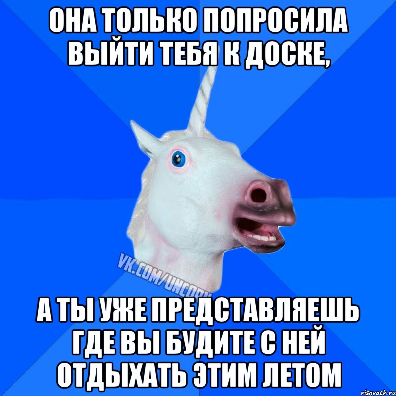 она только попросила выйти тебя к доске, а ты уже представляешь где вы будите с ней отдыхать этим летом, Мем Единорог