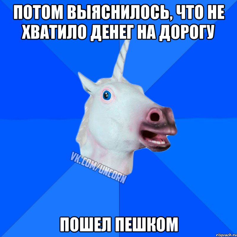 потом выяснилось, что не хватило денег на дорогу пошел пешком, Мем Единорог