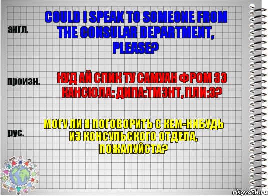 Could I speak to someone from the Consular Department, please? куд ай спик ту самуан фром зэ кансюла: дипа:тмэнт, пли:з? Могу ли я поговорить с кем-нибудь из Консульского отдела, пожалуйста?, Комикс  Перевод с английского