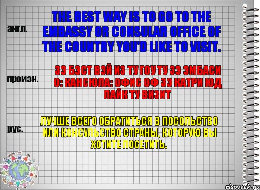 The best way is to go to the embassy or consular office of the country you'd like to visit. зэ бэст вэй из ту гоу ту зэ эмбаси о: кансюла: офис оф зэ катри юд лайк ту визит Лучше всего обратиться в посольство или консульство страны, которую Вы хотите посетить., Комикс  Перевод с английского