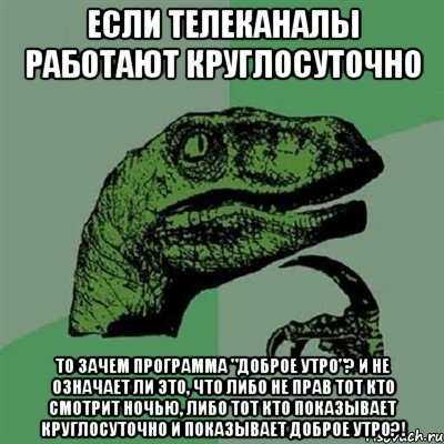 если телеканалы работают круглосуточно ТО ЗАЧЕМ ПРОГРАММА "ДОБРОЕ УТРО"? И не ОЗНАЧАЕТ ЛИ ЭТО, что ЛИБО НЕ ПРАВ ТОТ КТО смотрит ночью, ЛИБО ТОТ КТО ПОКАЗЫВАЕТ КРУГЛОСУТОЧНО и показывает доброе утро?!, Мем Филосораптор