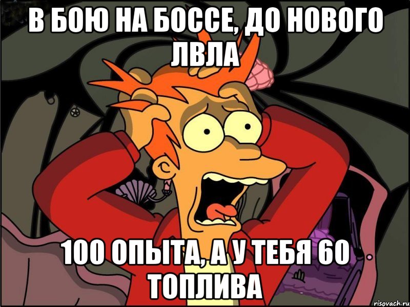 В бою на боссе, до нового лвла 100 опыта, а у тебя 60 топлива, Мем Фрай в панике