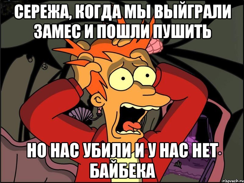 Сережа, когда мы выйграли замес и пошли пушить Но нас убили и у нас нет байбека, Мем Фрай в панике