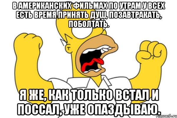 В американских фильмах по утрам у всех есть время принять душ, позавтракать, поболтать. Я же, как только встал и поссал, уже опаздываю., Мем Разъяренный Гомер