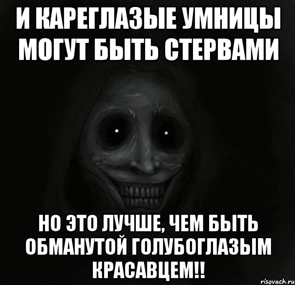 И кареглазые умницы могут быть стервами Но это лучше, чем быть обманутой голубоглазым красавцем!!, Мем Ночной гость