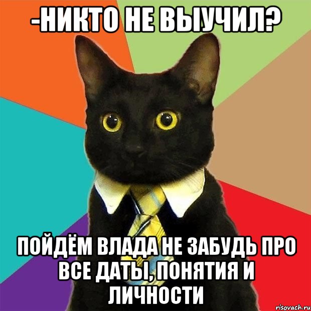 -Никто не выучил? Пойдём Влада Не забудь про все даты, понятия и личности, Мем  Кошечка