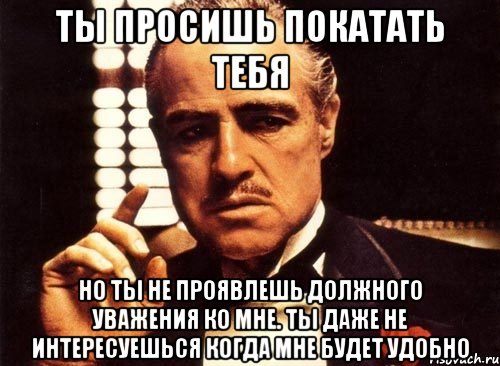 Ты просишь покатать тебя но ты не проявлешь должного уважения ко мне. Ты даже не интересуешься когда мне будет удобно, Мем крестный отец