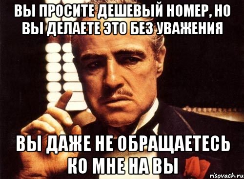 вы просите дешевый номер, но вы делаете это без уважения вы даже не обращаетесь ко мне на вы, Мем крестный отец