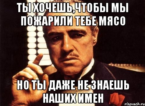 Ты хочешь,чтобы мы пожарили тебе мясо Но ты даже не знаешь наших имен, Мем крестный отец