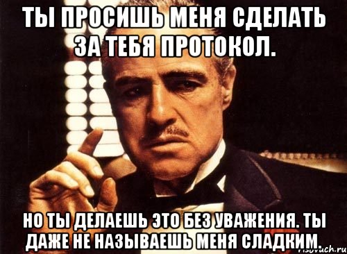 Ты просишь меня сделать за тебя протокол. Но ты делаешь это без уважения. Ты даже не называешь меня сладким., Мем крестный отец