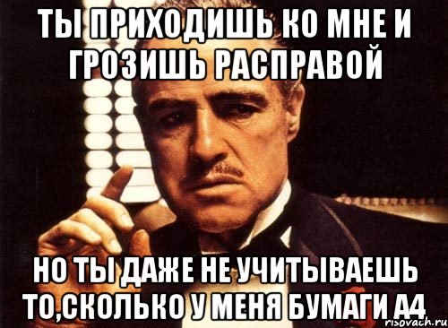 Ты приходишь ко мне и грозишь расправой но ты даже не учитываешь то,сколько у меня бумаги А4, Мем крестный отец