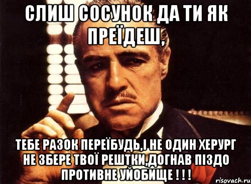 слиш сосунок да ти як преїдеш, тебе разок переїбудь,і не один херург не збере твої рештки,догнав піздо противне уйобище ! ! !, Мем крестный отец