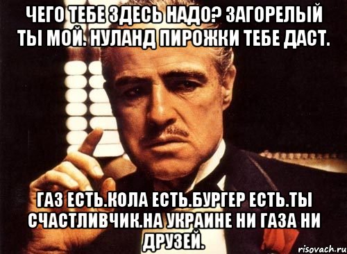 Чего тебе здесь надо? Загорелый ты мой. нуланд пирожки тебе даст. Газ есть.кола есть.бургер есть.ты счастливчик.на украине ни газа ни друзей.