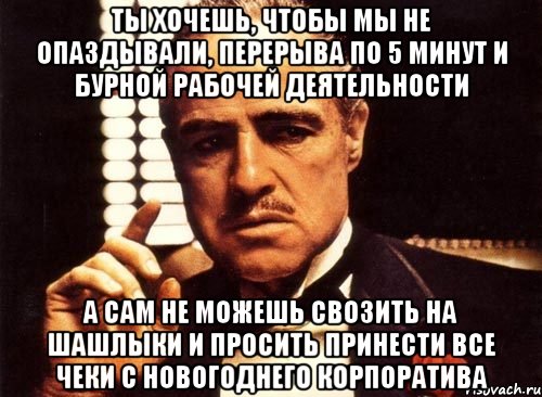 Ты хочешь, чтобы мы не опаздывали, перерыва по 5 минут и бурной рабочей деятельности А сам не можешь свозить на шашлыки и просить принести все чеки с новогоднего корпоратива