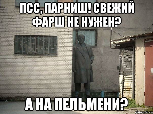 Псс, парниш! Свежий фарш не нужен? А на пельмени?, Мем  Ленин за углом (пс, парень)