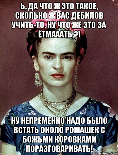 Ь, да что ж это такое, сколько ж вас дебилов учить-то, ну что же это за ЁТМааать,?! Ну непременно надо было встать около ромашек с божьми коровками поразговаривать!, Мем Magdalena Carmen Frieda Kahlo Ca