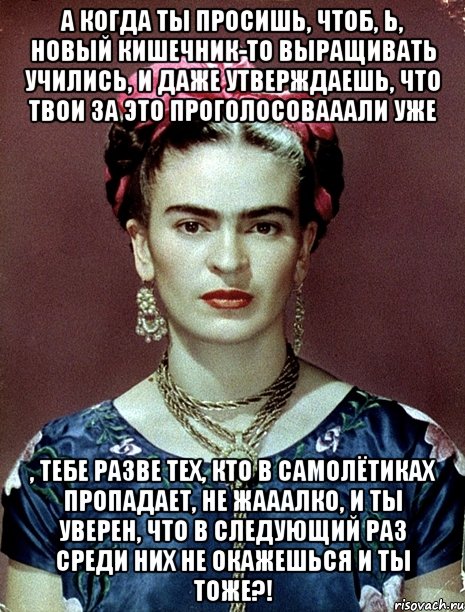 А когда ты просишь, чтоб, Ь, новый кишечник-то выращивать учились, и даже утверждаешь, что твои за это проголосовааали уже , тебе разве тех, кто в самолётиках пропадает, не жааалко, и ты уверен, что в следующий раз среди них не окажешься и ты тоже?!, Мем Magdalena Carmen Frieda Kahlo Ca
