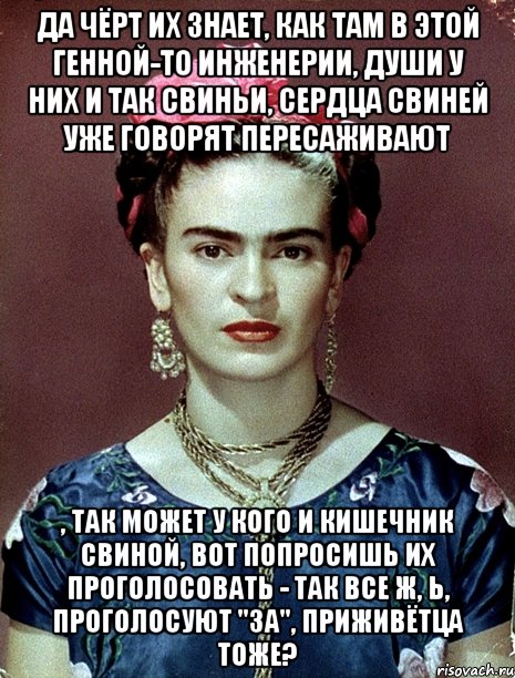 Да чёрт их знает, как там в этой генной-то инженерии, души у них и так свиньи, сердца свиней уже говорят пересаживают , так может у кого и кишечник свиной, вот попросишь их проголосовать - так все ж, Ь, проголосуют "ЗА", приживётца тоже?, Мем Magdalena Carmen Frieda Kahlo Ca