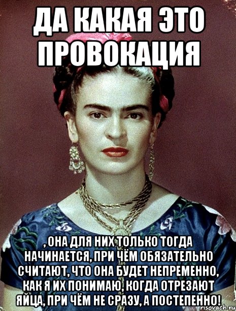 Да какая это провокация , она для них только тогда начинается, при чём обязательно считают, что она будет непременно, как я их понимаю, когда отрезают яйца, при чём не сразу, а постепенно!, Мем Magdalena Carmen Frieda Kahlo Ca